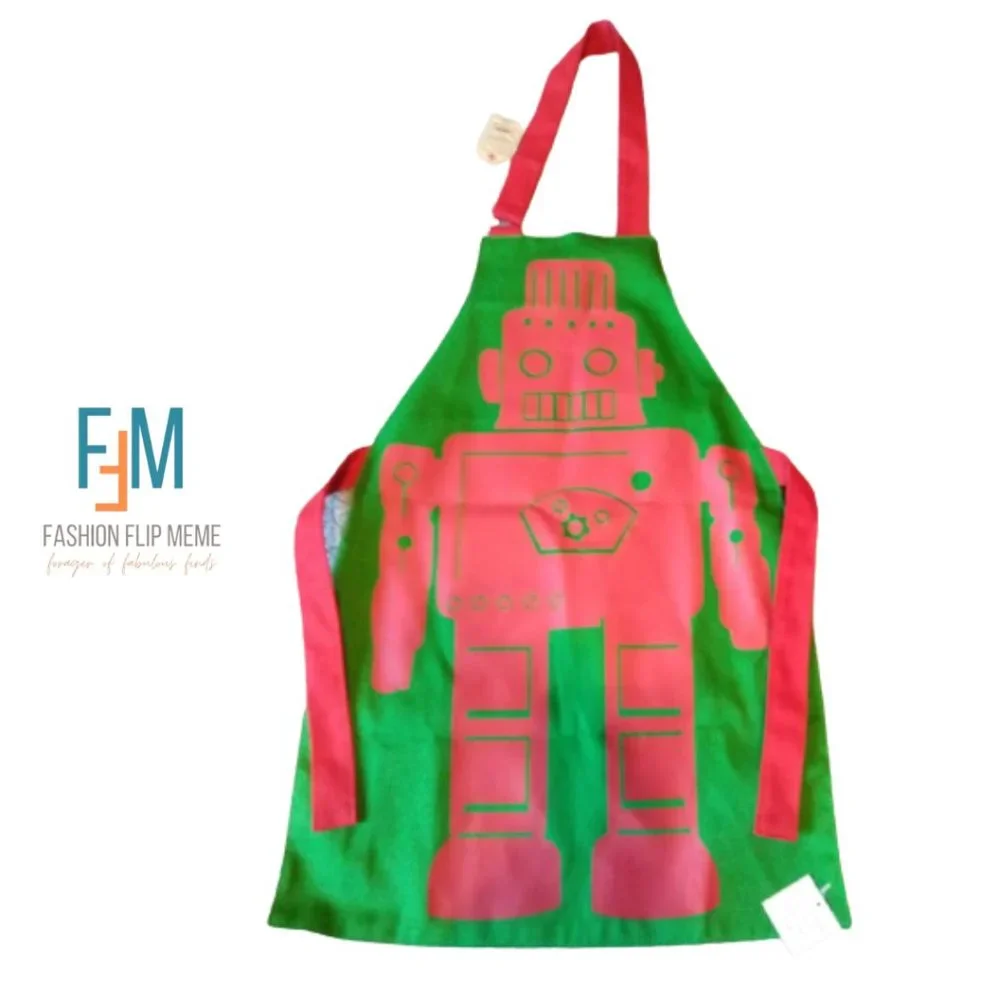 Old Navy Green & Red Retro Cotton Canvas Robot Apron Youth OS VTG Rare Find New!